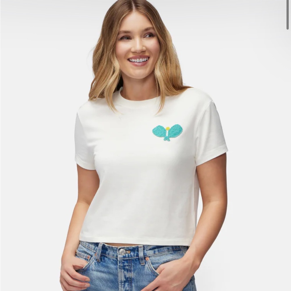 Wildfox Beaded Pickleball Gardenia White Short Sleeve Tee Size XS NWT